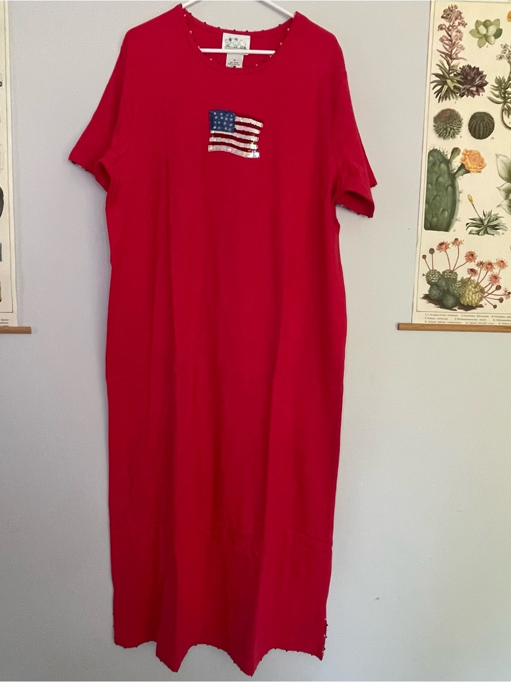 Red Maxi Tee Dress with Sequined American Flag NWT